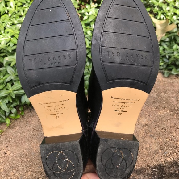 Ted Baker Ankle Boots Booties Black Leather Womens 37 Purple Lucite Buckle - Picture 7 of 11